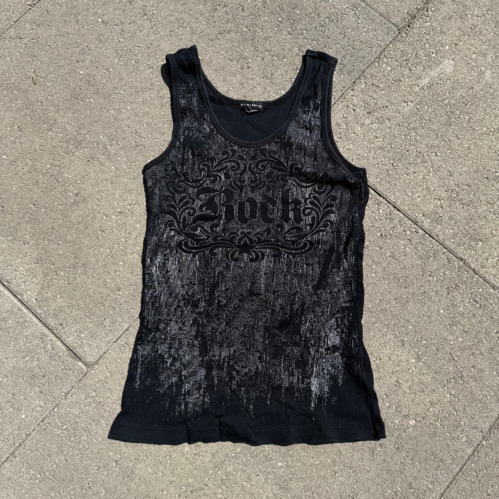 Fang Black Silver Metallic Rock Graphic Ribbed Tank Top Y2K Grunge Sleeveless